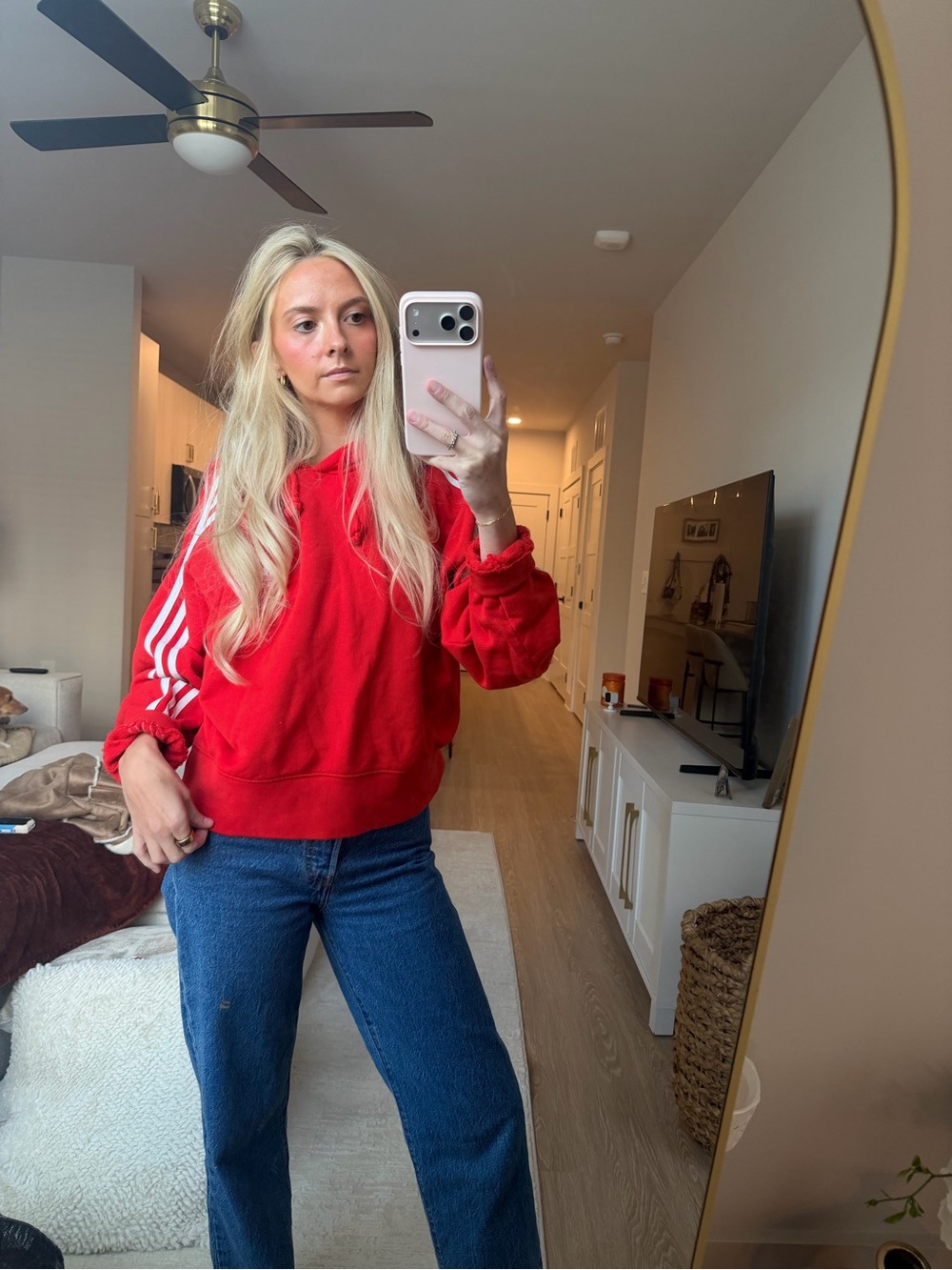 adidas Red Women's Pullover Hoodie with Signature Sleeve Stripes